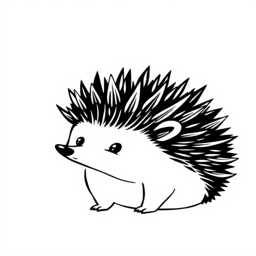 Create a simple black and white illustration of a hedgehog with exaggerated spines, using a flat design style; camera settings: f/8 aperture, 1/125 sec shutter speed, ISO 100; camera view: close-up; camera style: minimalist; camera type: digital SLR.