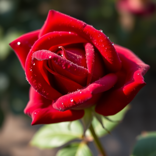 photograph of a deep red rose in full bloom with dewy petals, macro view, using a DSLR camera with a 50mm lens, aperture f/2.8, ISO 100, natural lighting to enhance colors and details.