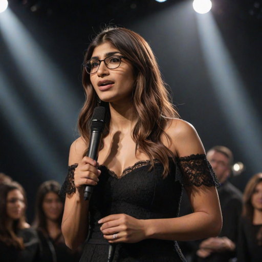 mia khalifa with long, flowing brown hair is standing in the center of the frame, holding a microphone in her right hand, and looking slightly off to the right side of the frame. She is wearing a black, off-the-shoulder dress with delicate lace detailing. The lighting is warm and dramatic, creating a spotlight effect on the singer. There are other figures in the background, blurred and out of focus, suggesting a concert or performance setting. The camera angle is low, capturing the woman from the waist up. The overall atmosphere is intimate and captivating.