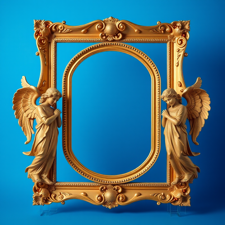 create a highly detailed image of an ornate golden frame featuring two angel statues on either side set against a vibrant blue background, use a DSLR camera with a 50mm lens, aperture f/1.8, ISO 100, and a shallow depth of field for enhanced clarity and depth.