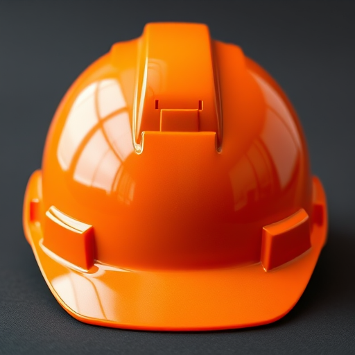 Generate a high-resolution image of an orange construction helmet with a glossy finish, using a DSLR camera, aperture f/2.8, ISO 100, focal length 50mm, shot from a straight-on view in well-lit conditions.