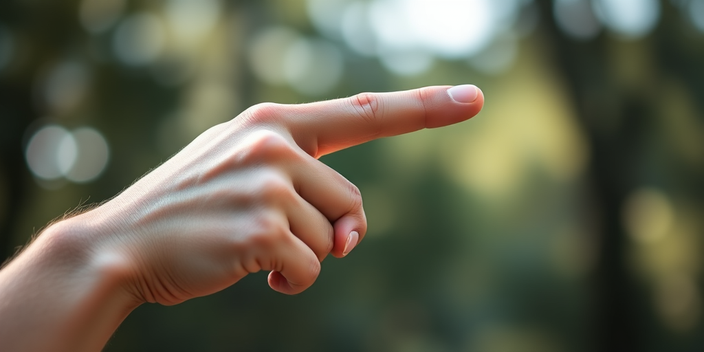 Generate a high-resolution image of a hand with a pointing gesture, captured with a DSLR camera at 50mm focal length, f/2.8 aperture, ISO 100, natural lighting, in portrait orientation.