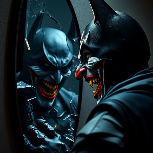 Merging elements of Batman and The Joker, this character portrays an evil, maniacal laughter, a sinister grin, and piercing eyes, accompanied by inhumanly sharp fangs. In a half-body portrait, Batman appears maniacal, gazing into a shattered mirror, his image rendered in Todd Phillips' unique style. The scene exudes an atmosphere of darkness, horror, and intense drama, with dramatic lighting and high-quality, hyper-realistic visuals. Inspired by the style of illusory wallpaper portraits, the image showcases colorful realism, exceptional attention to detail, and intricate hidden elements. The UHD, 8K resolution delivers a stunning image, combining realism and vibrant colors for an immersive, intense experience.