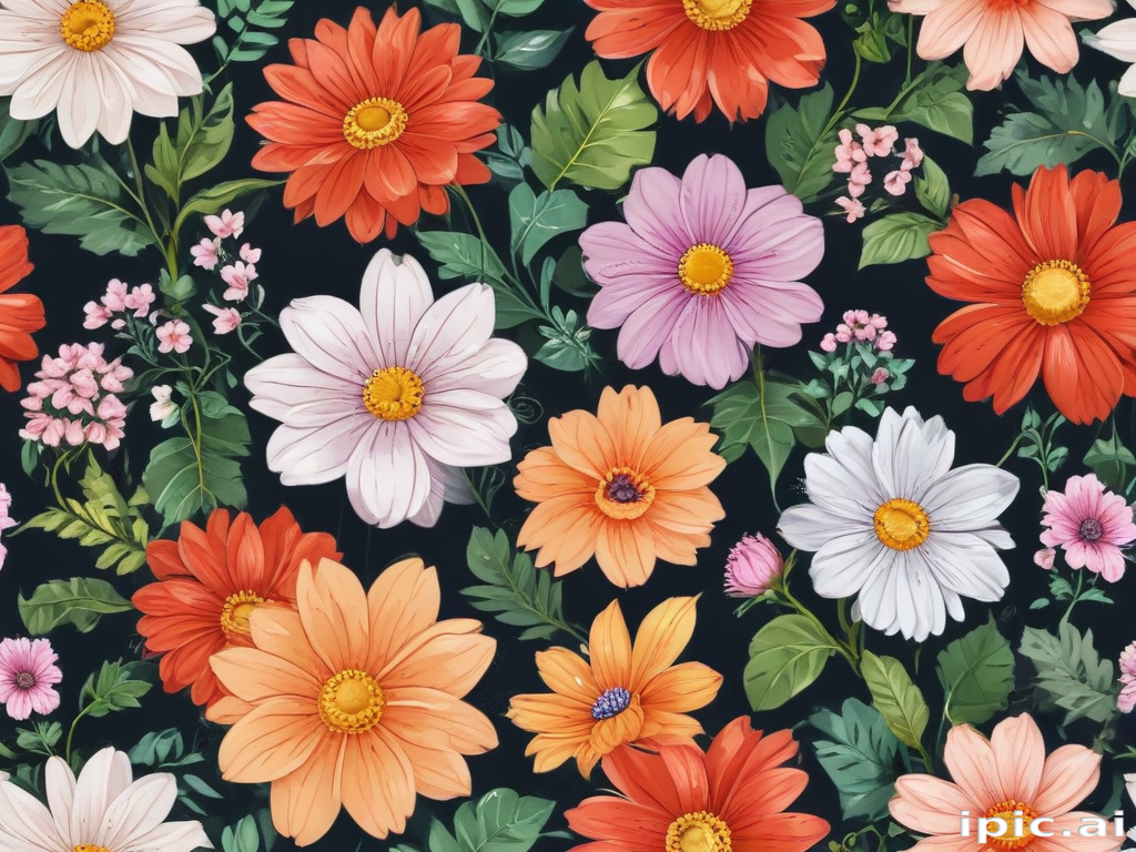 Vibrant Floral Pattern with a Variety of Colorful Flowers on Dark ...