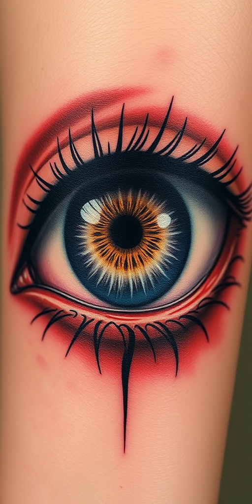 Hyper-realistic eye tattoo, "Window to the Soul," showcasing incredible detail in the iris, pupil, and surrounding skin, with subtle color gradients and precise highlighting to create a lifelike 3D effect, perfect for placement on the inner arm or back of the hand