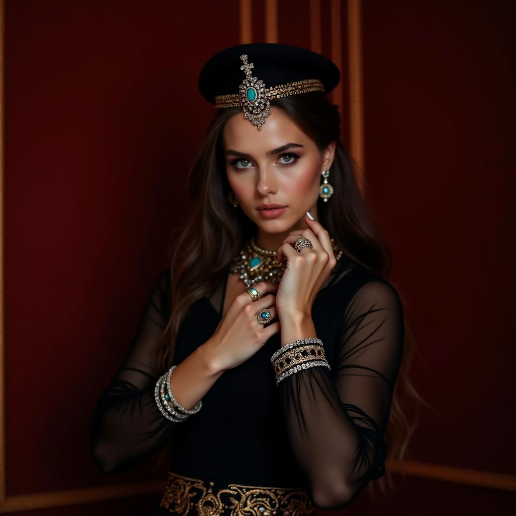 A high-quality, realistic photo, opulent portrait, captured with a Hasselblad X2D 100C, XCD 80mm f/1.9 lens. A beautiful young woman with long, dark, flowing hair and striking light eyes, adorned with elaborate and intricate jewelry. She wears a black, form-fitting top or dress with sheer, embroidered sleeves, and a richly detailed gold and black patterned skirt or belt. Her headpiece is a black, pillbox-style hat with a gold band and a central turquoise gem. She is bedecked in a multi-layered gold and silver necklace with large turquoise and clear gemstones, matching earrings, several ornate bracelets, and rings on both hands. Her expression is serene and captivating, with a direct, intense gaze. She holds one hand delicately near her face, showcasing a ring, while the other rests on her hip. The background is a luxurious deep red wall with elegant gold trim, creating a regal and timeless atmosphere.