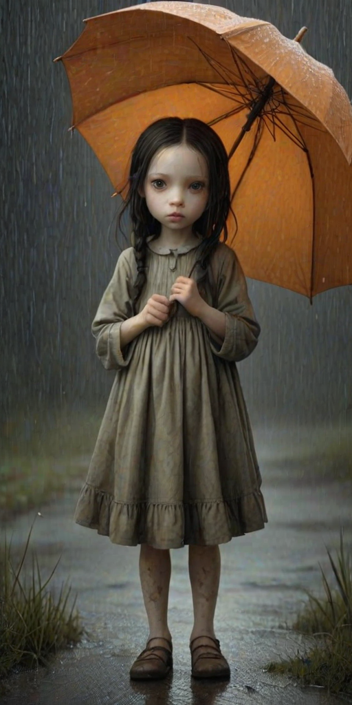 An eerie, weird little girl with dark hair in thin pigtails, wearing a smock dress, standing in the rain, holding a dirty orange umbrella, a small, odd creature beside her. In a surreal style inspired by Nicoletta Ceccoli and Brian Froud. Dark fantasy themes