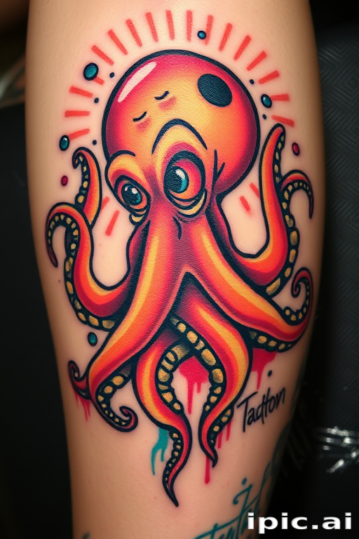 New school tattoo featuring a quirky, cartoonish octopus with exaggerated features and bold, saturated colors, incorporating graffiti-inspired elements, dubbed "Tentacle Toon"