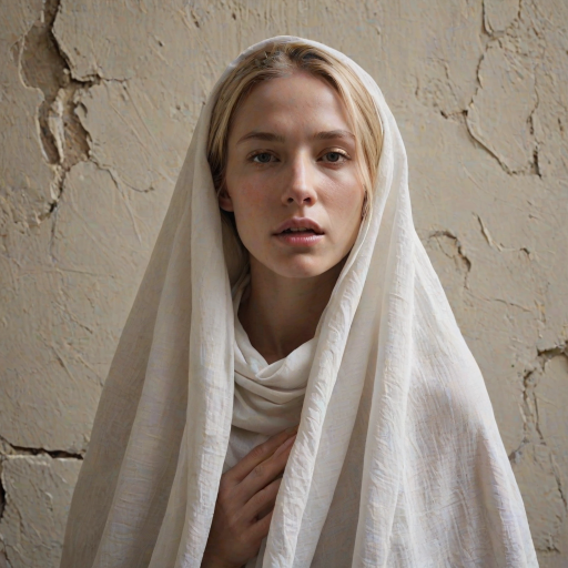 Create a close-up photographic image of the head and torso of a person with light skin tones shown against an old, worn wall. Their head is wrapped in a white cloth covering (i.e.... parts of the head except the nose and mouth, which are open as if they are screaming...), with a slight texture and visible folds in the fabric. Thin strands of blonde hair escape from the wrapping above, falling lightly at the top and sides. Their hands hold the fabric as if they are tugging nervously. The lighting is dramatic and even, casting strong shadows. The image has a minimalist and surreal style with an emphasis on simplicity with soft color tones. The composition is centered.