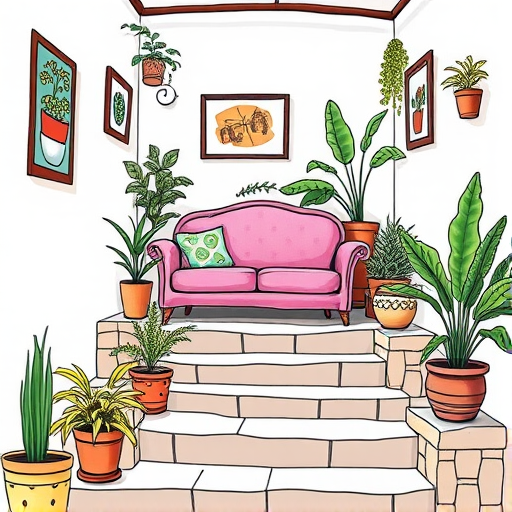 Create a vibrant and artistic illustration of a cozy interior scene featuring a pink couch and potted plants on a stone staircase, using a Canon EOS R5 with a 35mm f/1.8 lens, aperture set to f/2.8, ISO 100, and natural lighting, in a whimsical, doodle-like style.