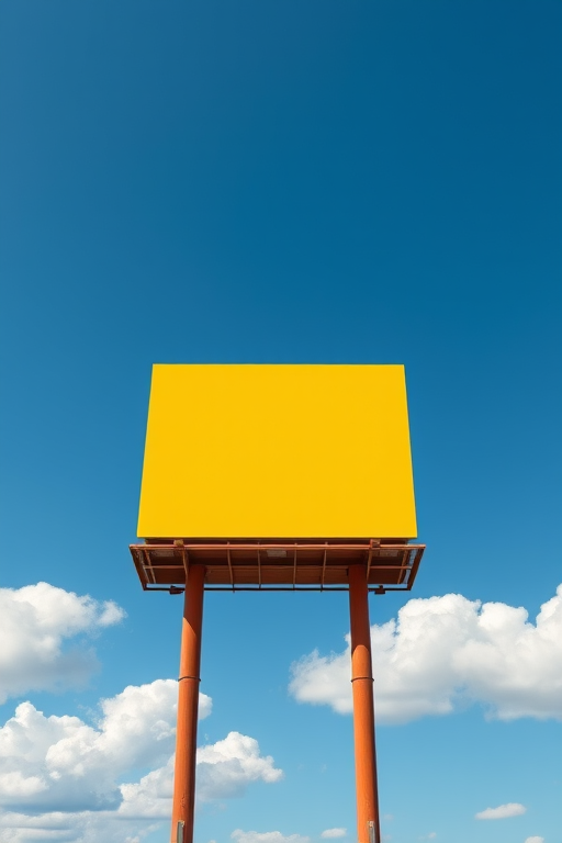 a blank yellow billboard against a clear blue sky with fluffy white clouds, shot with a DSLR camera at f/8 aperture, 50mm lens, ISO 100, in a wide-angle view for enhanced detail and clarity