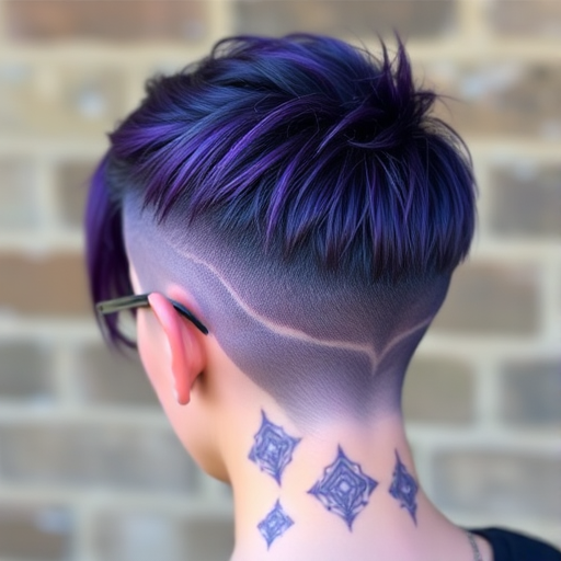 Mystical deep purple pixie undercut called Amethyst Sorcery featuring a longer textured top with hidden galaxy-inspired patterns shaved into the closely cropped sides and nape