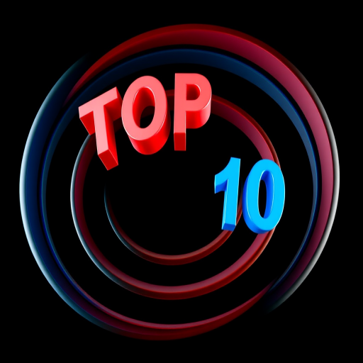 Generate a vibrant 3D design featuring the text "TOP 10" floating in a spiraling pattern against a black background, using a wide-angle lens at f/11, ISO 100, and a 24mm focal length to enhance clarity and depth.