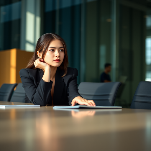 Generate an image of a young woman in a business setting, wearing a black suit, sitting at a conference table with a contemplative expression, soft natural lighting, sharp focus, ISO 100, aperture f/2.8, 35mm lens, taken from a slight low angle for depth and perspective.