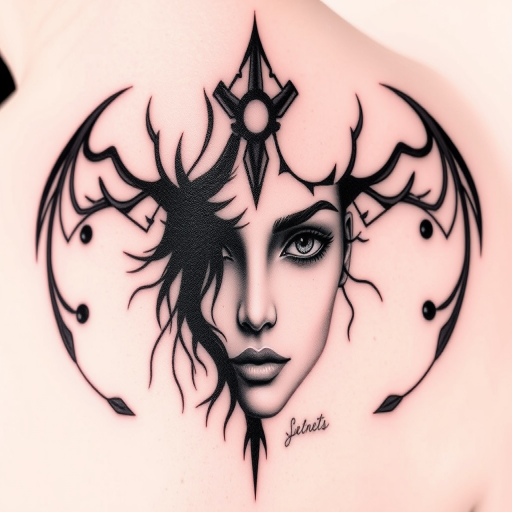 Negative space tattoo design named "Hidden Secrets" cleverly utilizing the natural skin tone to form part of the image creating a unique interplay between inked and uninked areas