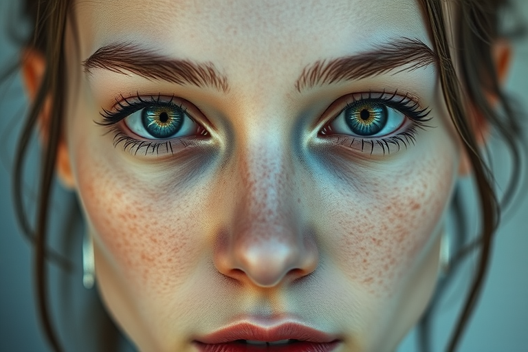 Create a hyper-realistic portrait of a young woman with cybernetic features, capturing intricate details in her eyes and skin texture, shot using a Canon EOS R5 with a 50mm f/1.2 lens at ISO 100, aperture f/2.0, 1/200 sec shutter speed in a soft, diffused lighting environment to enhance depth and clarity.
