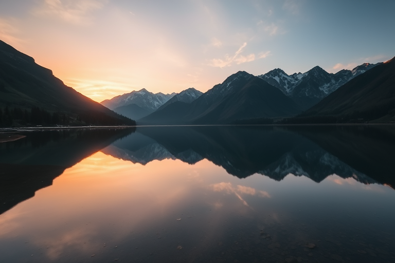 Generate a high-quality image of a serene landscape featuring mountains and a lake during sunrise, using a DSLR camera with a 50mm lens, aperture set to f/8, ISO 200, and a shutter speed of 1/250s, captured from a low angle perspective to emphasize the reflection in the water.
