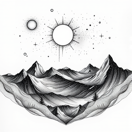 Dot work "Cosmic Topography" tattoo illustration depicting abstract landscapes and otherworldly terrain using meticulous stippling techniques to create depth texture and ethereal atmospheric effects