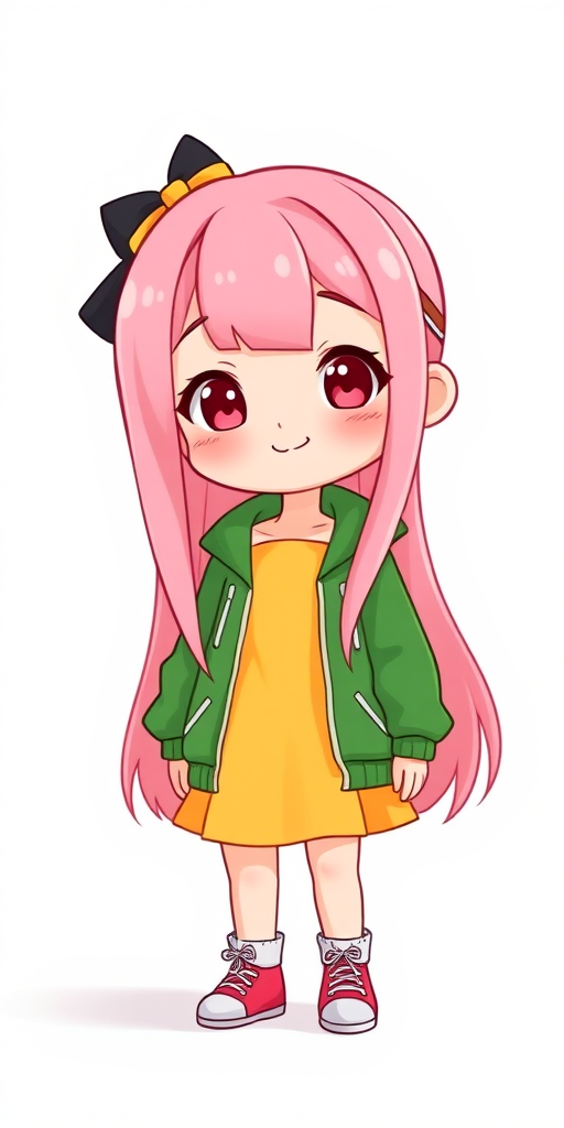 Generate a cute cartoon character with long pink hair wearing a green jacket over a yellow dress, standing with a cheerful expression, shot with a digital camera, aperture f/2.8, focal length 35mm, ISO 100, in a bright, minimalistic studio setting.