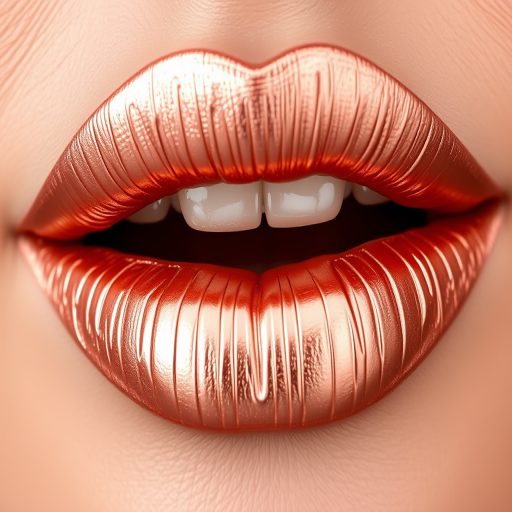Metallic rose gold lips with a foiled finish, titled "Gilded Petal," exhibit a unique shimmering texture and slightly overlined shape for added drama