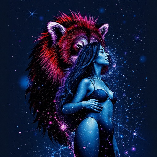 Captivating conceptual render alcohol ink art, double exposure, the paint strokes artfully merge combining a woman's full silhouette with a Radiant red panda's silhouette. The figures are composed of a series of colored dots, lines & spots that evoke the image of a cosmic galaxy, colors are deep shades of blue purple & black with flashes of white & silver representing distant stars. The woman's silhouette is formed within the lion's silhouette from constellations of scattered stars, surreal