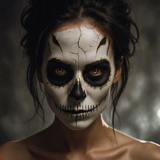 Create image featuring a close-up of a face painted like a skull. The skin is predominantly white with textured, cracked paint. The eye sockets are painted black, blending into the natural shadows of the eyes, creating a deep, hollow look. Bright, intense golden-yellow lights radiate from the eyes, casting a warm glow that contrasts with the cold, esoteric background. The nose is painted black in the shape of a spade. The mouth area features black lines extending from the corners, resembling a stitched effect. The face has sporadic black hair strands that frame it dramatically, adding to the eerie yet captivating feel. The background is blurred and dark, enhancing the focus on the face. Small, glowing orange embers are scattered sporadically across the image, contributing to the mysterious and magical atmosphere. The overall style is hyper-realistic with an emphasis on the contrast between light and dark elements, giving it an almost supernatural