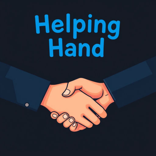 Create a digital illustration of two hands shaking, representing support and cooperation, with a dark background and bold blue text above saying "Helping Hand", using a DSLR camera with a 50mm lens, aperture f/2.8, ISO 100, shot in portrait view for enhanced detail.