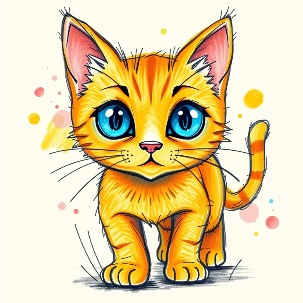 A vibrant childs coloured pencil drawn illustration of a bright orange cat with large, expressive blue eyes, a very cute style. The cat appears to be walking towards the viewer, surrounded by an abstract splash of colors and fine black lines, giving the image a dynamic and artistic flair. The background is a soft beige, highlighting the cat's vivid coloration and playful demeanor. Naively drawn scratchy line style.
