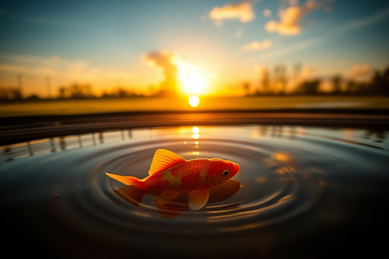 Create a serene image of a koi fish swimming near the surface of a pond at sunset, with golden light filtering through the water and soft ripples creating reflections of clouds, using a DSLR camera with a 50mm lens, aperture set to f/1.8, ISO 200, and a shutter speed of 1/250s, capturing a vibrant and detailed composition.