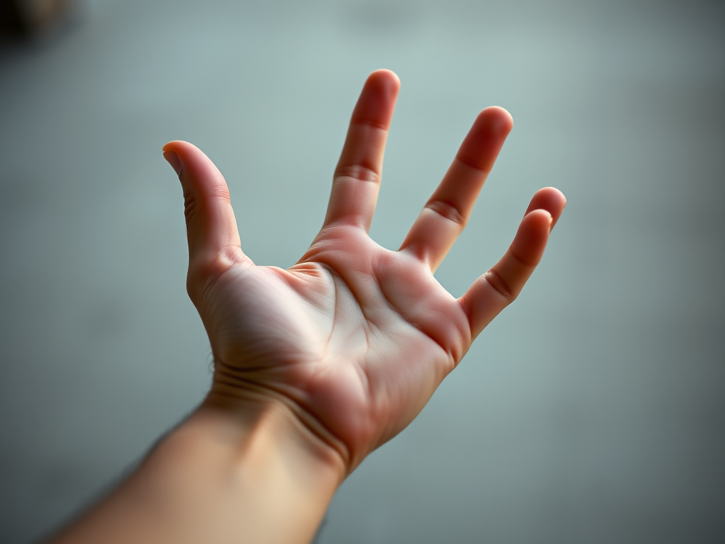 Create a high-resolution image of an open hand shown from a slightly elevated angle using a DSLR camera with a 50mm lens at f/2.8, ISO 100, and shutter speed 1/250s for enhanced detail and clarity.