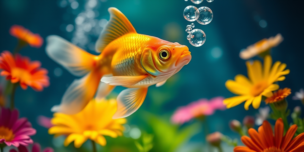 a vibrant goldfish swimming through a crystal-clear underwater scene surrounded by colorful flowers with soft bubbles rising, captured with a Canon EOS R5, 85mm lens, f/1.8 aperture, 1/200s shutter speed, ISO 100, natural lighting, macro photography style.