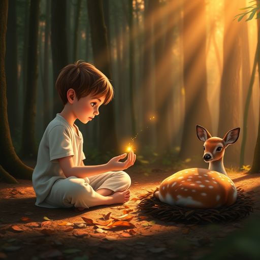 A luminous digital painting of a serene forest scene featuring a barefoot young boy, about 7 years old, with brown hair and fair skin, dressed in a simple white outfit. He sits cross-legged on the forest floor, gazing at a small, glowing, magical firefly in his hand. Beside him, a delicate spotted deer lies calmly on a bed of dried leaves, observing the scene. The dense forest is bathed in warm, golden light filtering through the trees, creating a peaceful, magical atmosphere with a blend of natural and mystical elements.