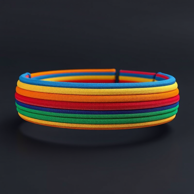 Create a high-resolution 3D render of a colorful striped headband with blue, orange, red, and green bands, using a DSLR camera with an aperture of f/8, ISO 100, and a 50mm lens, shot from a slightly above angle with soft lighting to enhance texture and vibrancy.