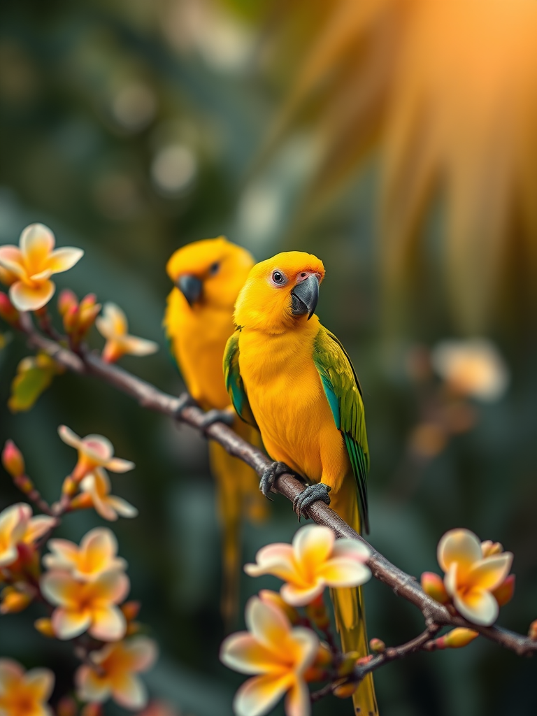 Tropical scene with two vibrant yellow parrots perched on a branch with blooming flowers, soft focus background, close-up shot, natural lighting, DSLR camera settings: f/2.8 aperture, ISO 100, 50mm lens, vibrant colors and high detail.