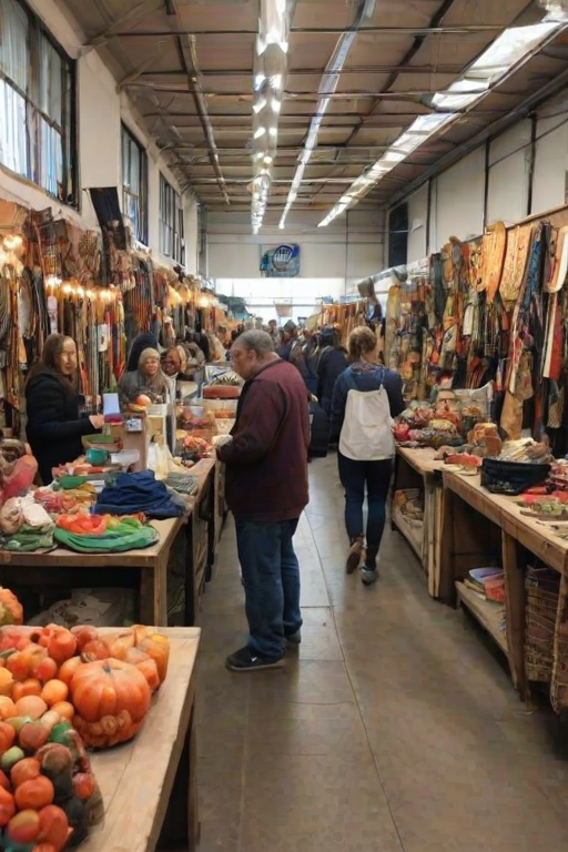 Lively indoor market filled with local artisans, vendors displaying handmade crafts, and visitors interacting, creating a vibrant atmosphere of creativity and community.