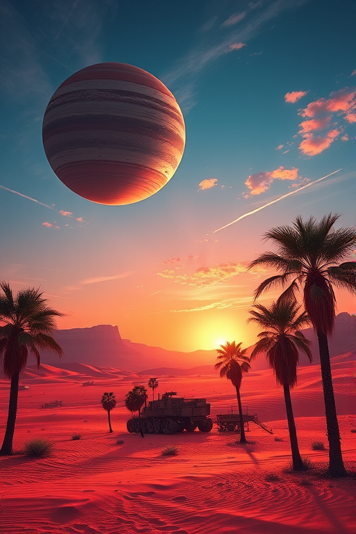 futuristic desert landscape at sunset with two planets in the sky and palm trees in the foreground, captured with a DSLR camera at f/8, ISO 100, 1/250 sec, 24mm lens, wide-angle view, vibrant colors, high dynamic range