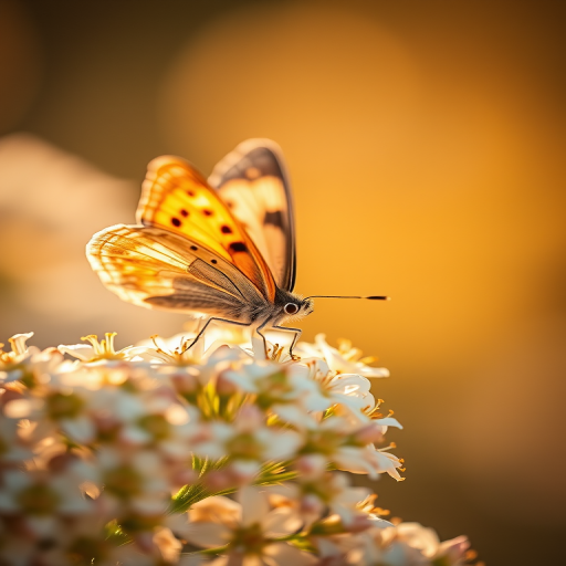 Capture a close-up of a butterfly resting on delicate white flowers, shallow depth of field, soft focus background, golden hour lighting, aperture f/2.8, shutter speed 1/250s, ISO 200, macro lens, DSLR camera.