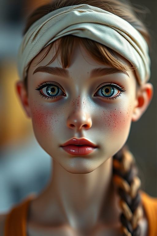 Create a high-resolution 3D portrait of a humanoid figure with soft freckles and a headband, captured with a DSLR camera at f/1.8 aperture, 50mm lens, ISO 100, using a shallow depth of field to highlight the subject against a blurred background, with a soft lighting setup to enhance facial features and texture.