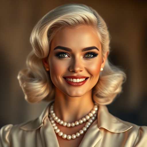 A beautiful Zulu woman reminiscent of 1950s Hollywood glamour, with perfectly styled blonde hair and a seductive smile, dressed in a satin blouse and adorned with pearls, soft and warm tones, photorealistic, 8K