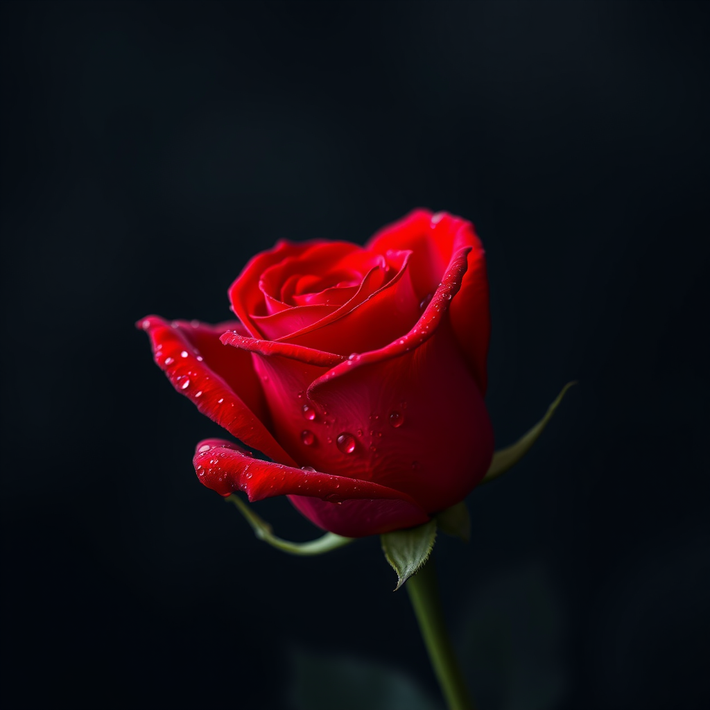 Create a digital artwork of a close-up shot of a vibrant red rose, with water droplets on its petals, set against a dark, blurred background.