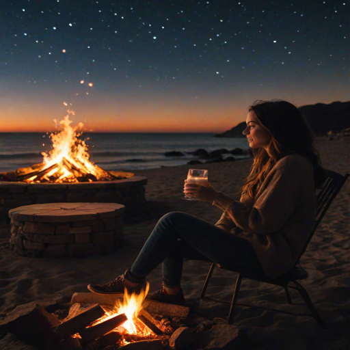 Woman sitting by a fire pit, the flames crackling as she toasts marshmallows, the night sky full of stars, and the sound of the ocean waves crashing nearby.