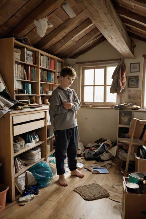 1boy, casual clothes, clutter, 4ttic, attic, slanted roof, indoors, window