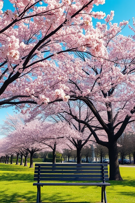 Cherry blossom trees in full bloom in a bright park setting with a bench in foreground, captured with a Canon EOS 5D Mark IV, ISO 100, f/8, 1/250 sec, 24mm lens, using a wide-angle view to enhance depth and color vibrancy.