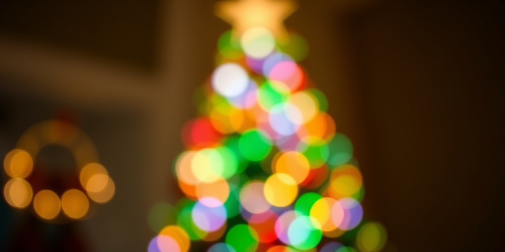 Create a blurred image of a Christmas tree made of colorful bokeh lights against a dark background, shot with a Canon EOS R5, 85mm lens, aperture f/1.8, ISO 100, and a shallow depth of field to enhance the light effects.