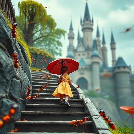 Create a whimsical fantasy scene featuring a child with an umbrella ascending a staircase, surrounded by animated ants and a castle in the background, capture it with a DSLR camera, f/8 aperture, ISO 100, 24mm lens, soft focus effect, vibrant colors.