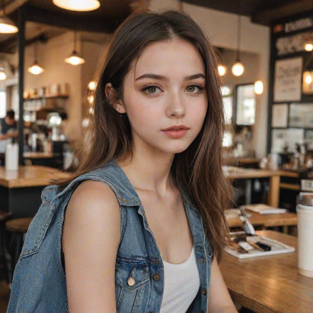 score_9, score_8_up, score_8, score_7_up, score_7, score_6_up, score_6, score_5_up, score_5,  21 year old 1girl, beautiful face, cute girl, gorgeous, supermodel, dark brown eyes, shoulder-length straight hair, parted in the middle, furry denim jacket, white tank top, makeup. Pale smooth Skin, coffee shop blurry background.
