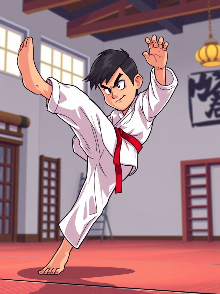 Create a high-resolution cartoon-style image of a martial artist performing a high kick, using a DSLR camera with a 50mm lens, aperture set to f/2.8, shutter speed of 1/500s, ISO 100, in a well-lit indoor dojo setting with soft lighting for enhanced colors and details.