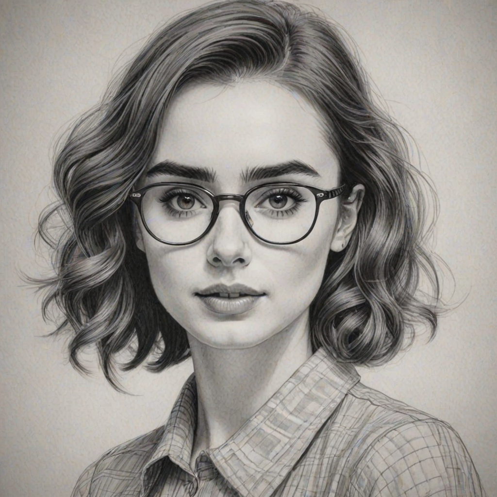 Alluring Lily Collins, pencil sketch, portrait of Delightful woman 1936s in glasses, hair style beatnik, outline, clear lines, fine lines, 8k