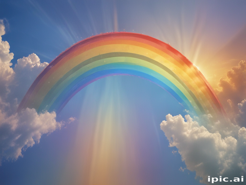 A Vibrant Rainbow Arching Through a Bright Sky Filled with Clouds.