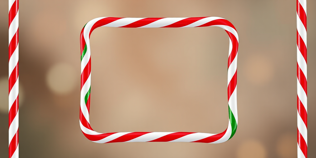 Create a high-resolution image of a blank square frame with a candy cane border in red and green, using a DSLR camera with a 50mm lens, aperture f/2.8, ISO 100, and a soft focus background.